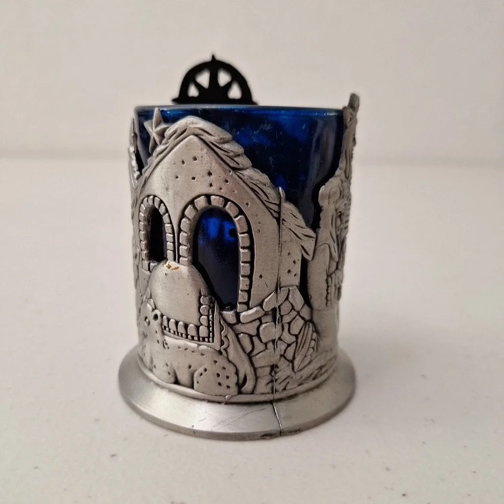 VTG Nativity Scene Pewter Blue Glass Notive Candle Holder MADE TAIWAN 3.5